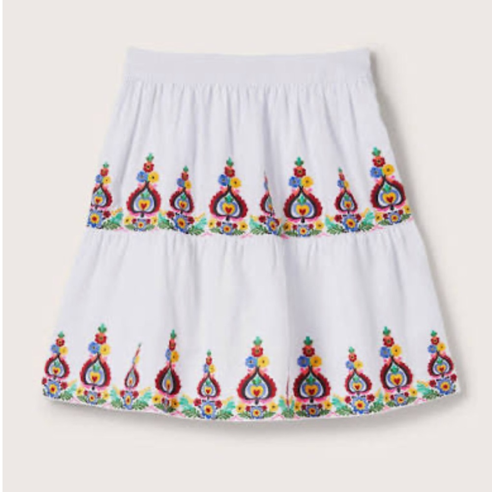 Boden White Embroidered Tiered Cotton Skirt with Multicolor Trim size 20/22